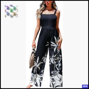 Sleeveless Square Neck Jumpsuit Wide Leg Loose Fit Tropical Boho Romper